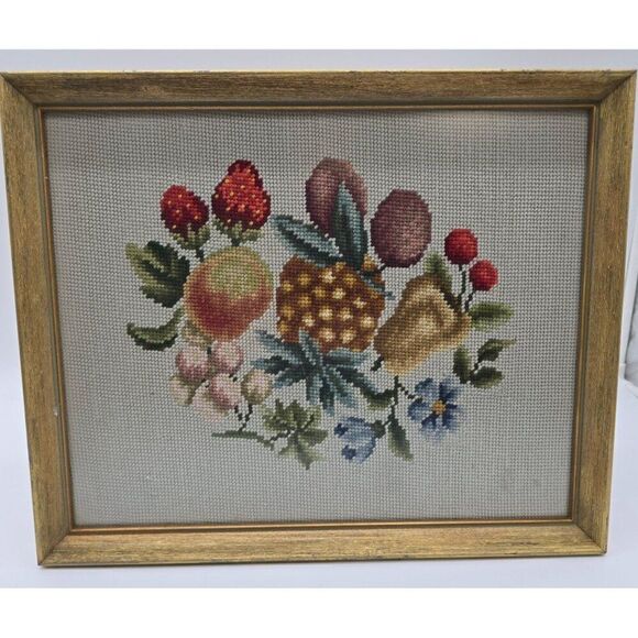 Vintage Framed Fruit & Floral Needlepoint Art By Guy R. Watson - Picture 1 of 4